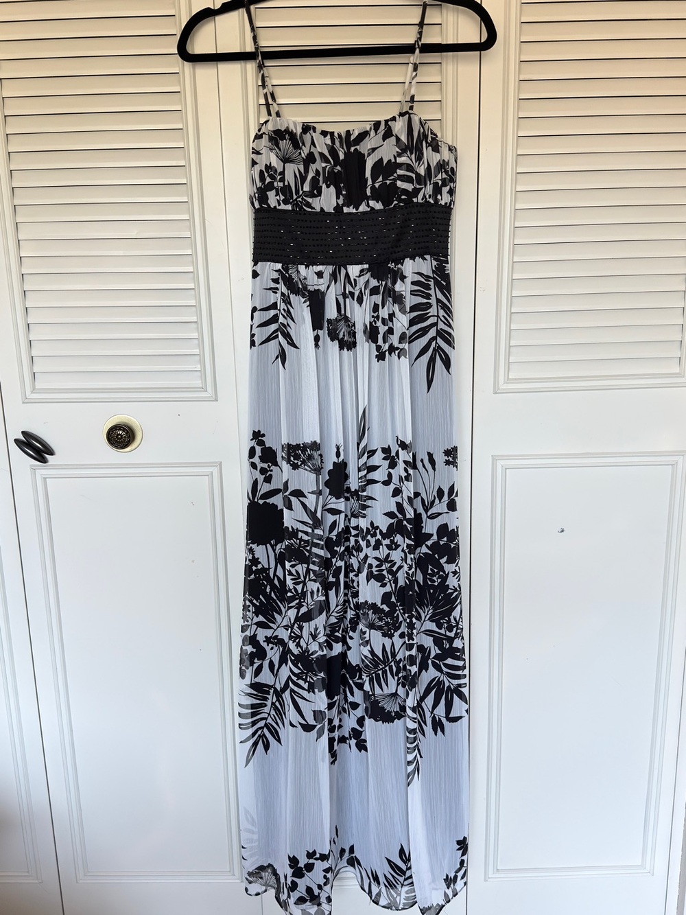 BCBGeneration Black and White Floral Maxi Dress with Spaghetti Straps